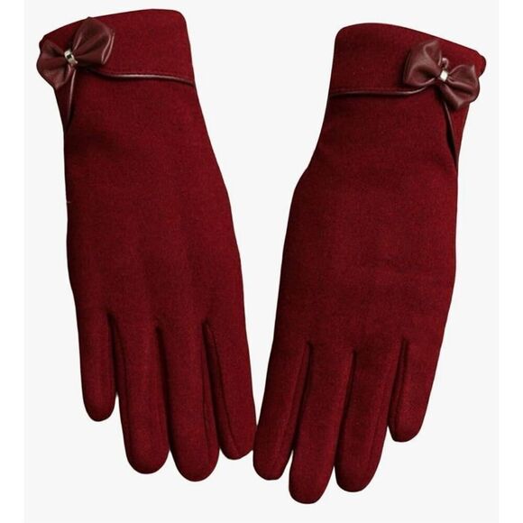 Burgundy Bow Gloves - Picture 4 of 6